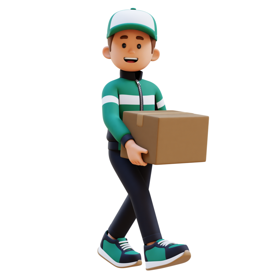 3D Delivery Man Character Walking and Carrying Parcel Box png