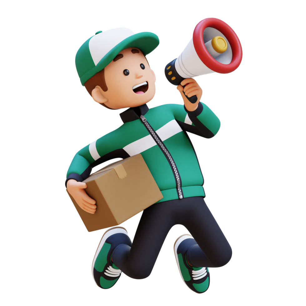 3D Delivery Man Character Holding Megaphone with Parcel Box png