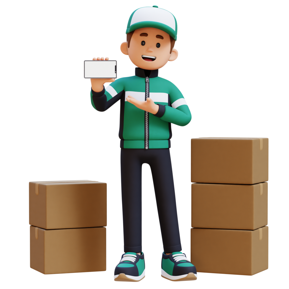 3D Delivery Man Character Presenting on Empty Phone Screen with Parcel Box png