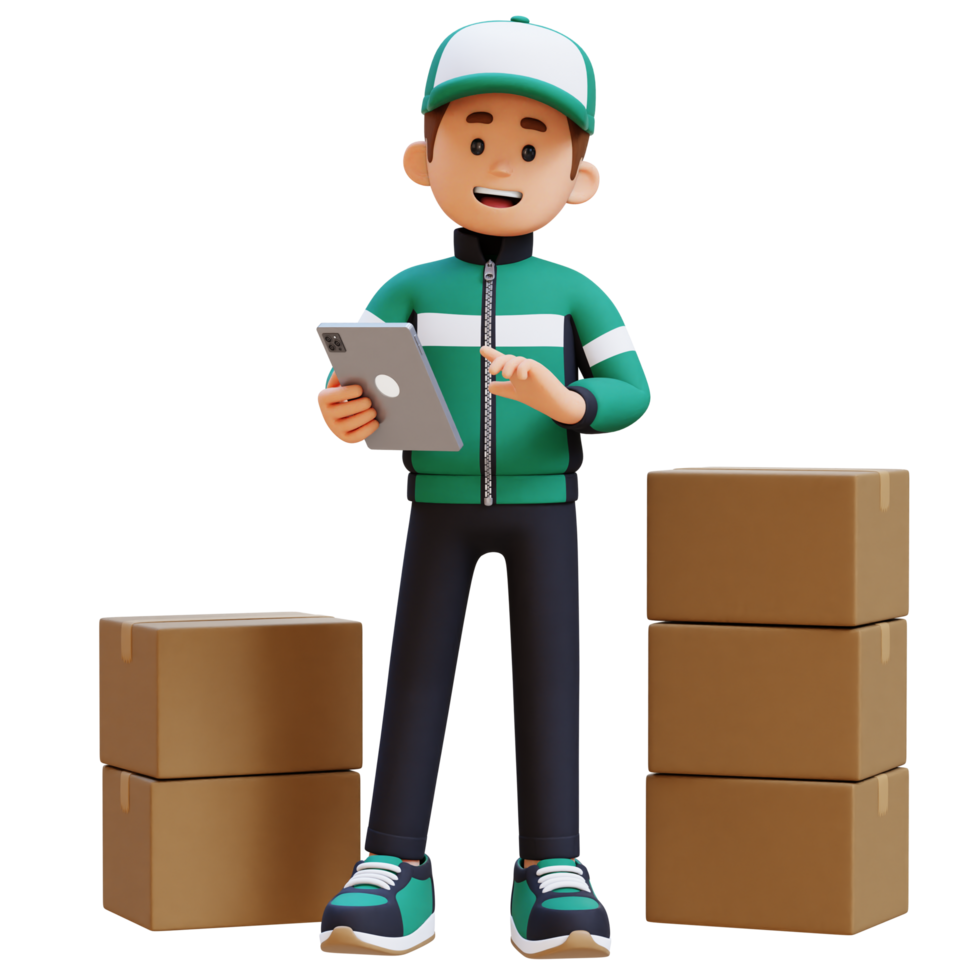 3D Delivery Man Character working on Tablet with Parcel Box png