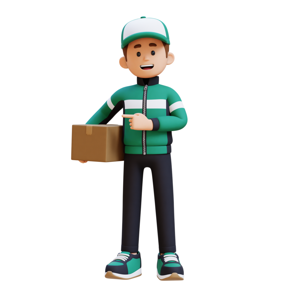 3D Delivery Man Character Pointing to the Right Pose with Parcel Box png