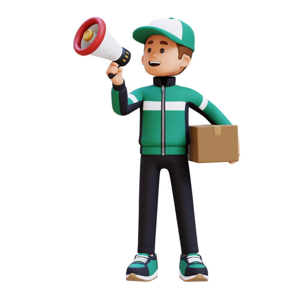 3D Delivery Man Character Holding Megaphone with Parcel Box png