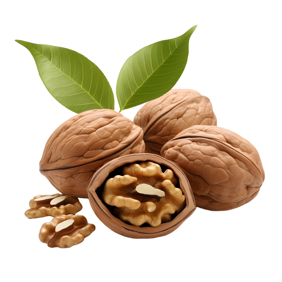 AI generated Walnuts with leaves on transparent background png