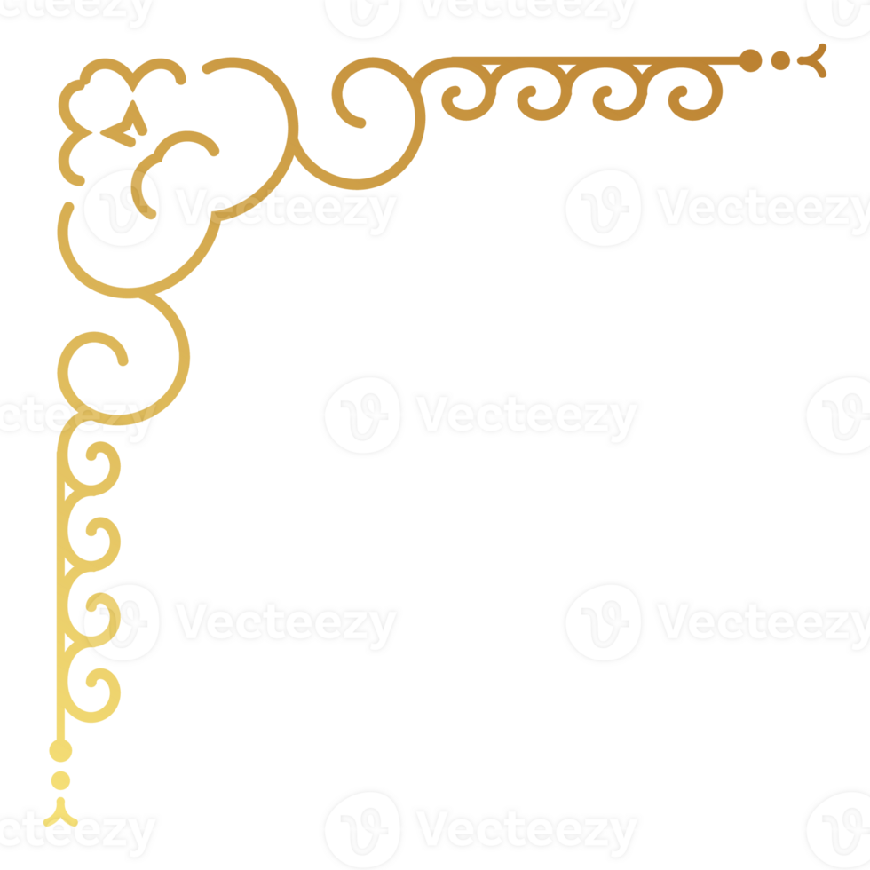 Gold vintage corner and frame element. Antique swirl divider pattern luxury ornament. Filigree design calligraphic decoration for frame, greeting card, invitation, menu, certificate. png