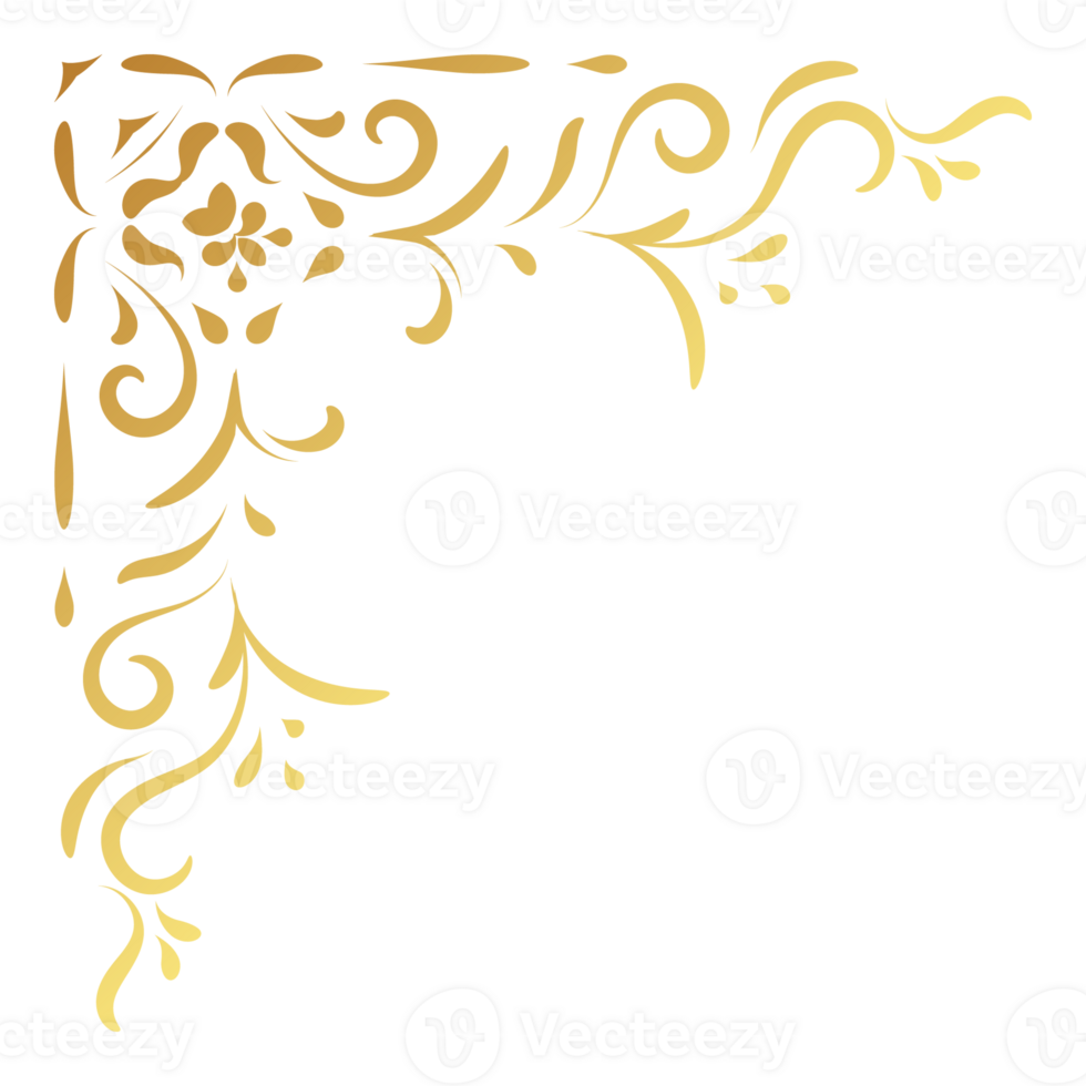 Gold vintage corner and frame filigree. Retro swirl divider pattern ornament with classic style. Element design calligraphy. Decoration for frame, greeting card, invitation, menu, certificate. png