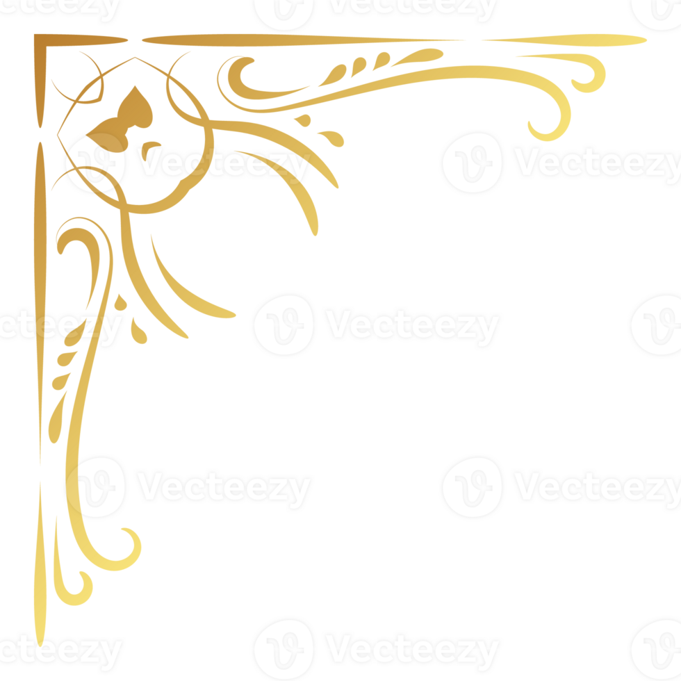 Gold vintage corner and frame filigree. Retro swirl divider pattern ornament with classic style. Element design calligraphy. Decoration for frame, greeting card, invitation, menu, certificate. png