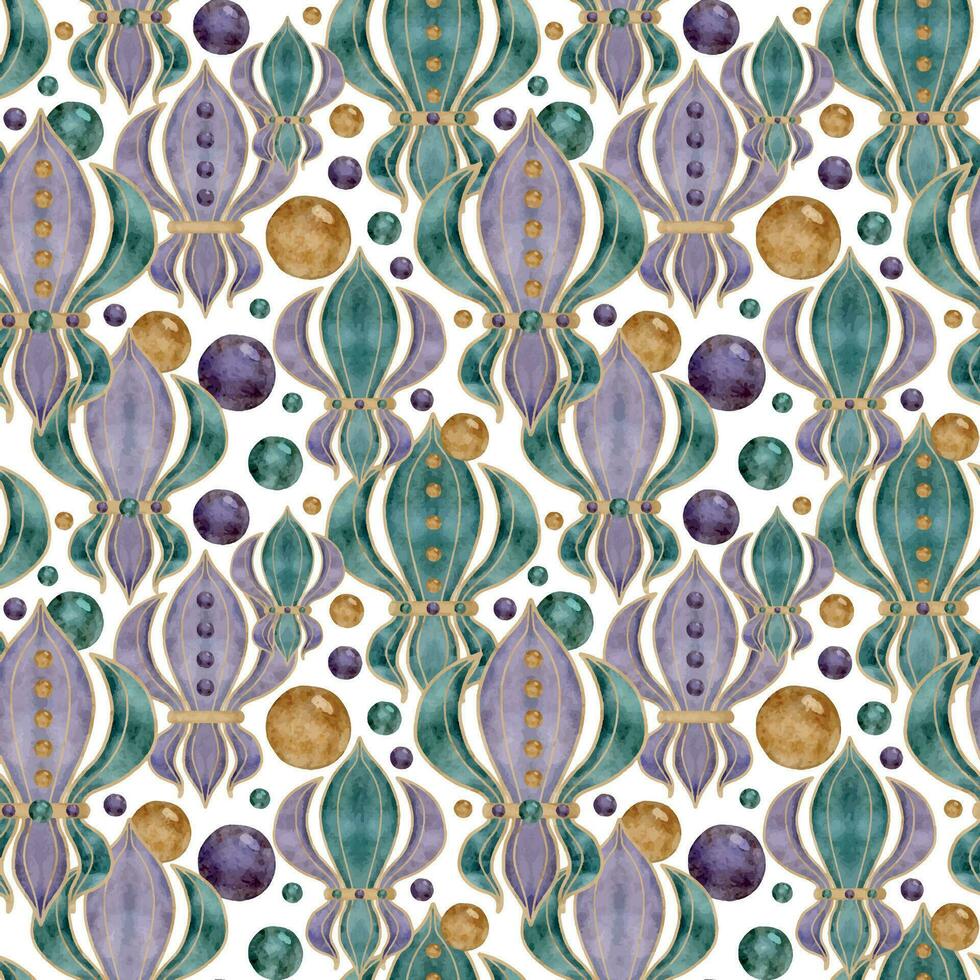 Hand drawn watercolor Mardi Gras carnival symbol. Fleur de lis iris lily flower with glass beads baubles confetti. Seamless pattern isolated on white background. Design for party, print, shop, package vector