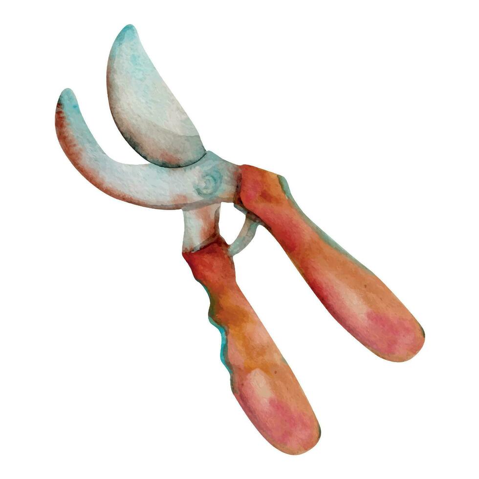 Hand drawn watercolor illustration spring gardening tools, cutting clipping pruning shears scissors secateur. Single object isolated on white background. Design print, shop, scrapbooking, packaging vector