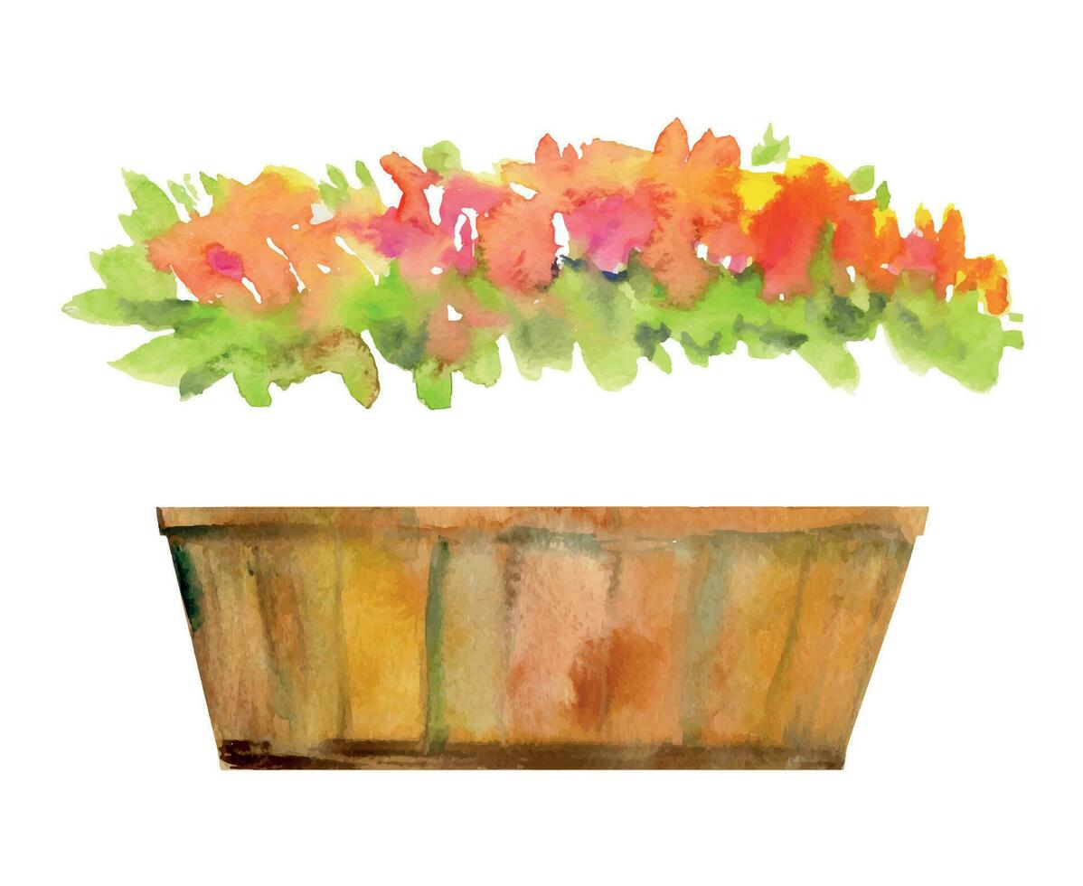 Hand drawn watercolor illustration spring gardening, decorative wooden box pot with flowers leaves. Single object isolated on white background. Design print, shop, scrapbooking, packaging, decoupage vector