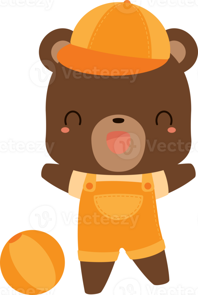 schattig bruin beer vervelend oranje overall en pet, net zo leerling, tekenfilm karakter. terug naar school- concept. vlak ontwerp illustratie. png
