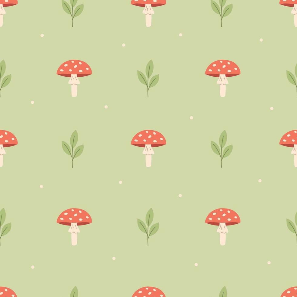 Seamless pattern with toadstool and sprout. Design for fabric, textile, wrapping paper. Vector illustration in flat style