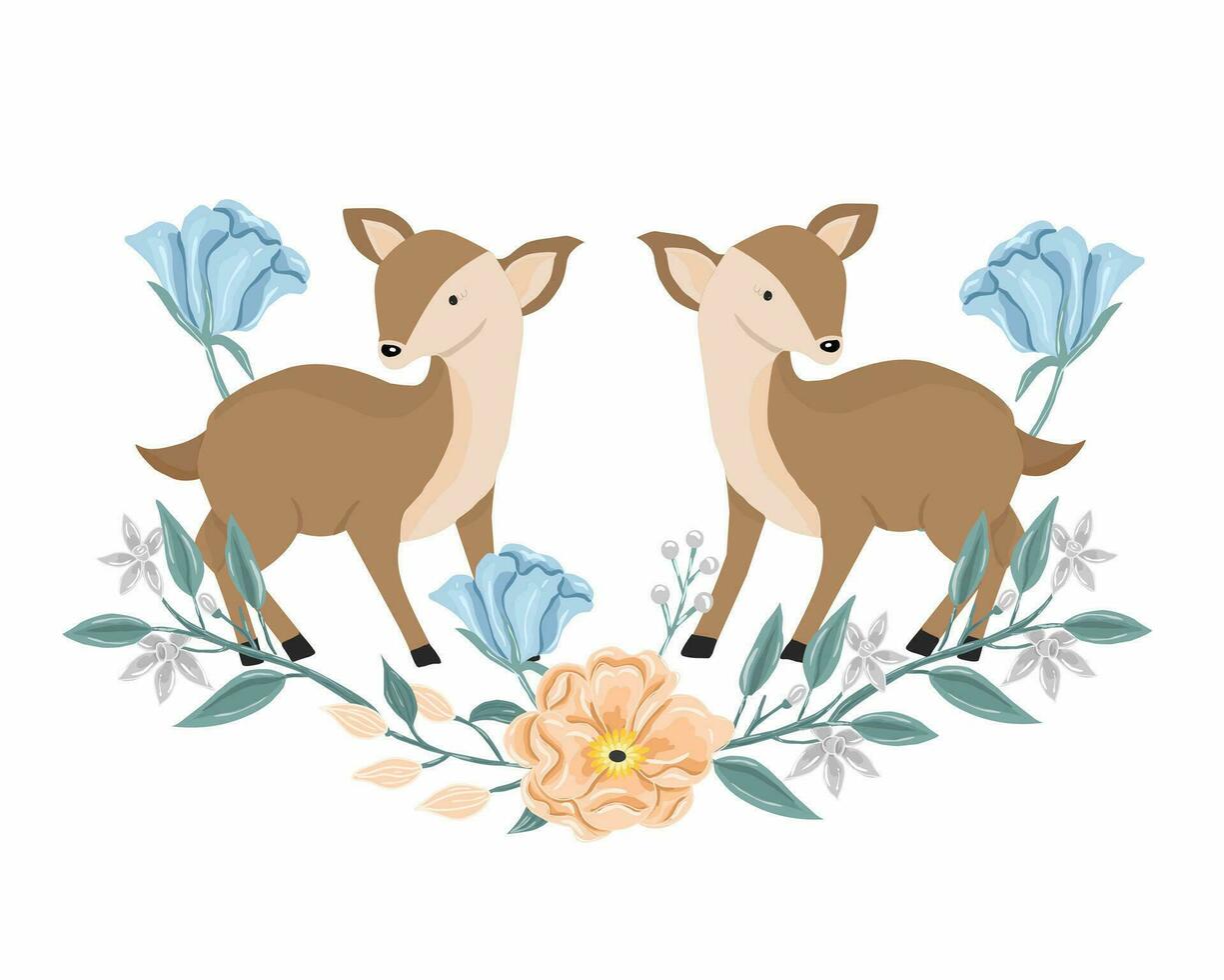 Cute Deer Animal Illustration With Flower vector