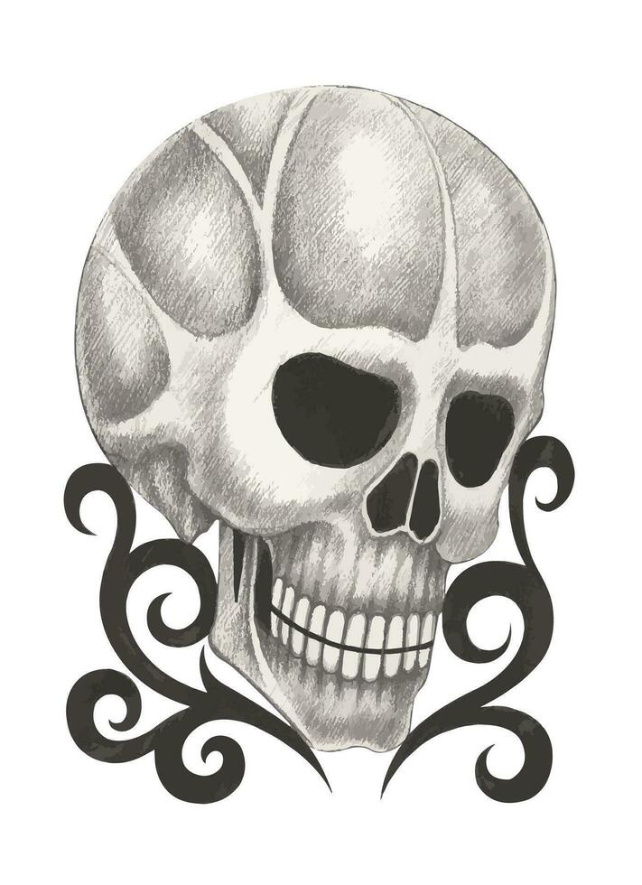 Skull tattoo design by hand drawing on paper. vector