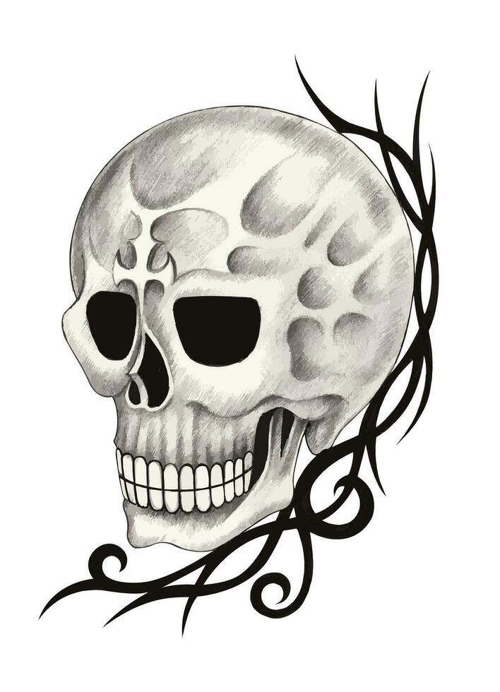 Skull tattoo design by hand drawing on paper. vector