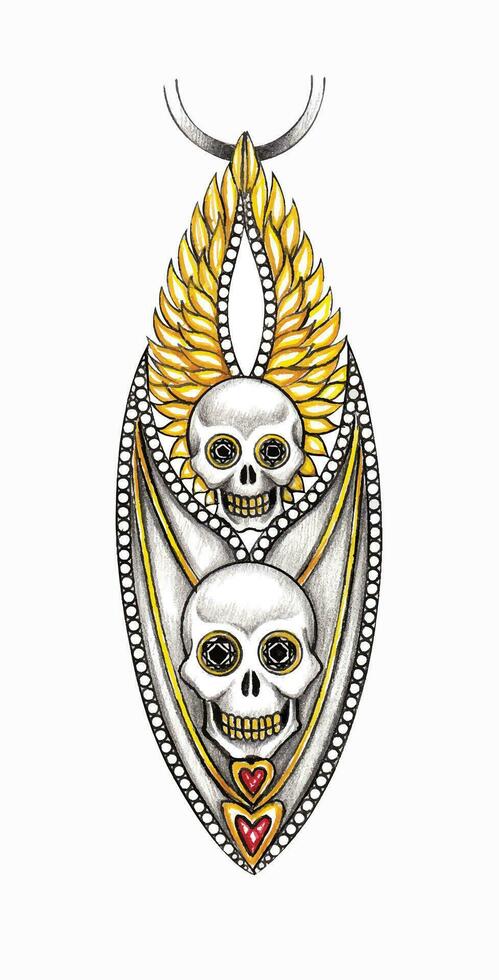 Jewelry design wings demon and angel skull silver and gold pendant design by hand drawing on paper. vector
