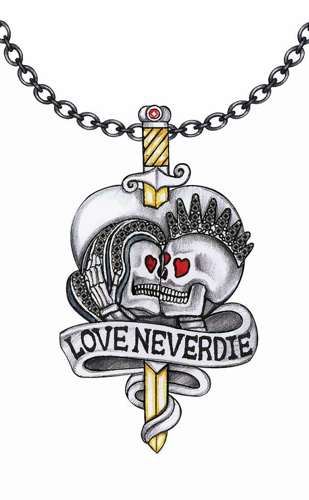 Jewelry design skeleton lovers pendant design by hand drawing on paper. vector