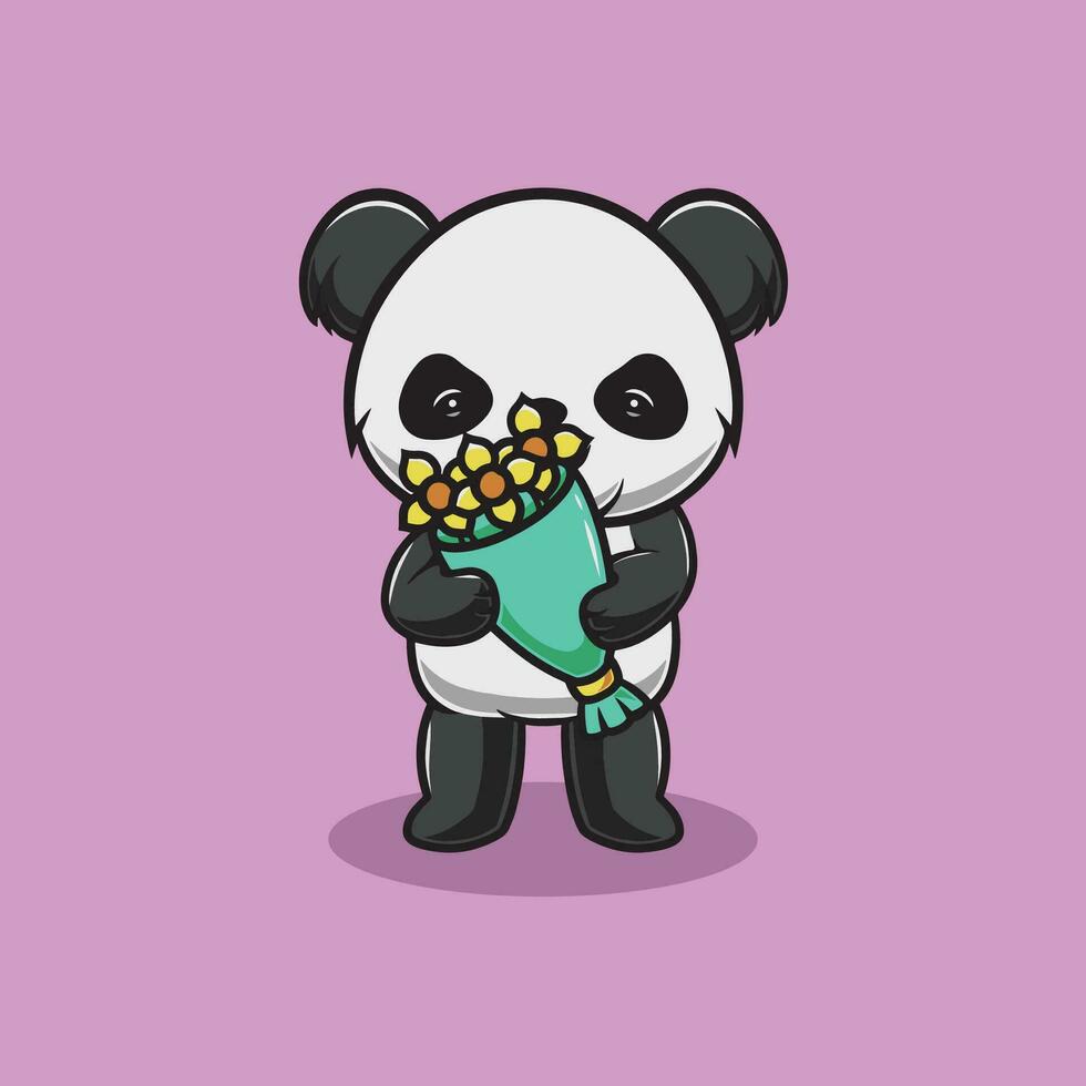 Cute panda with flower cartoon illustration.eps vector