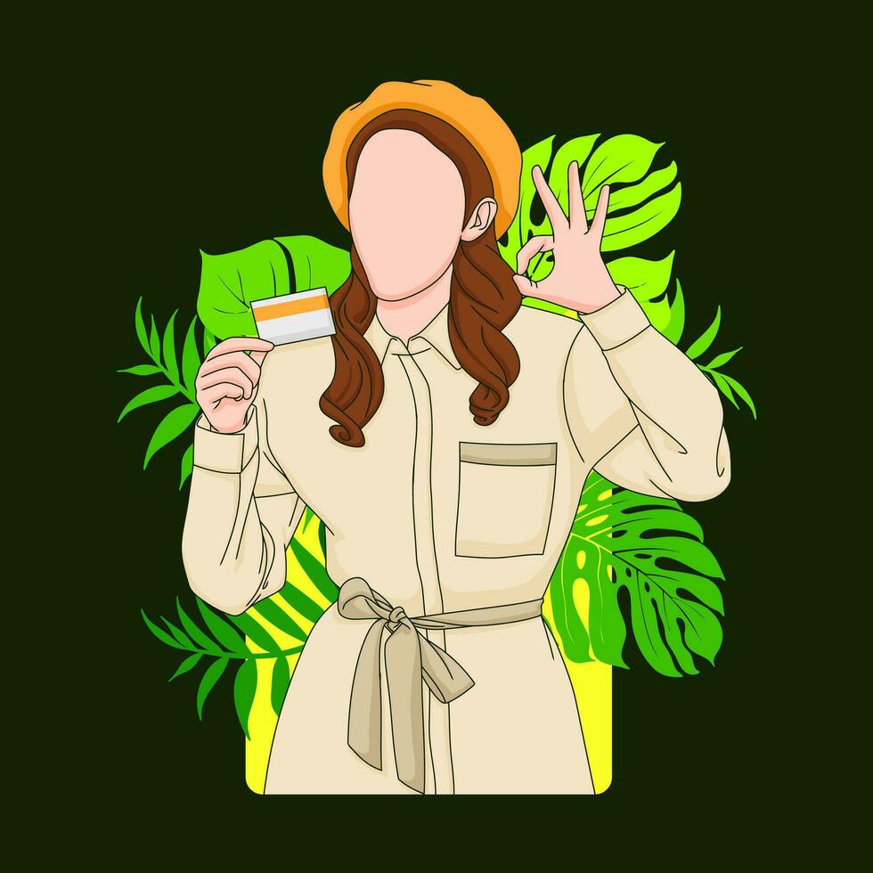 Flat vector, illustration of a woman holding a card with a botanical background vector