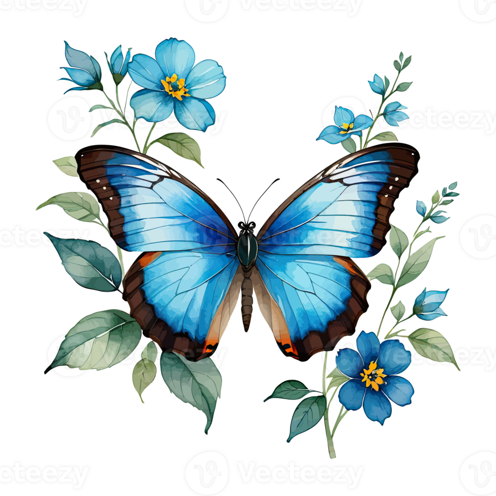 Watercolor Clipart Blue Morpho Butterfly on Blue Flower png