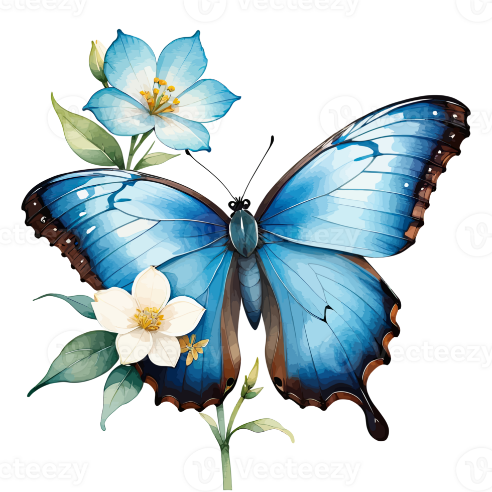 Watercolor Clipart Blue Morpho Butterfly on Blue Flower png