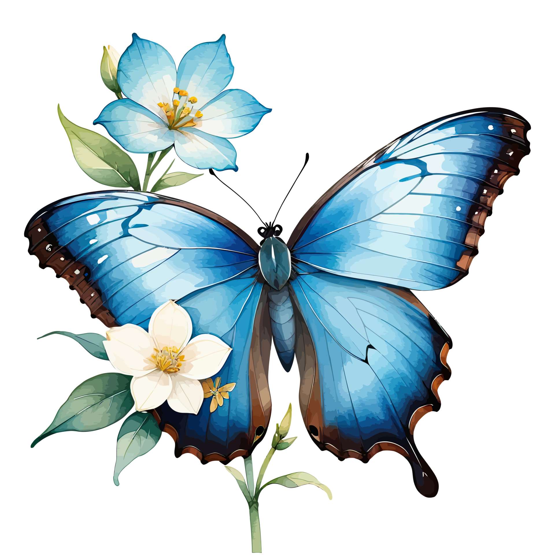 Watercolor Clipart Blue Morpho Butterfly on Blue Flower 36878277 PNG