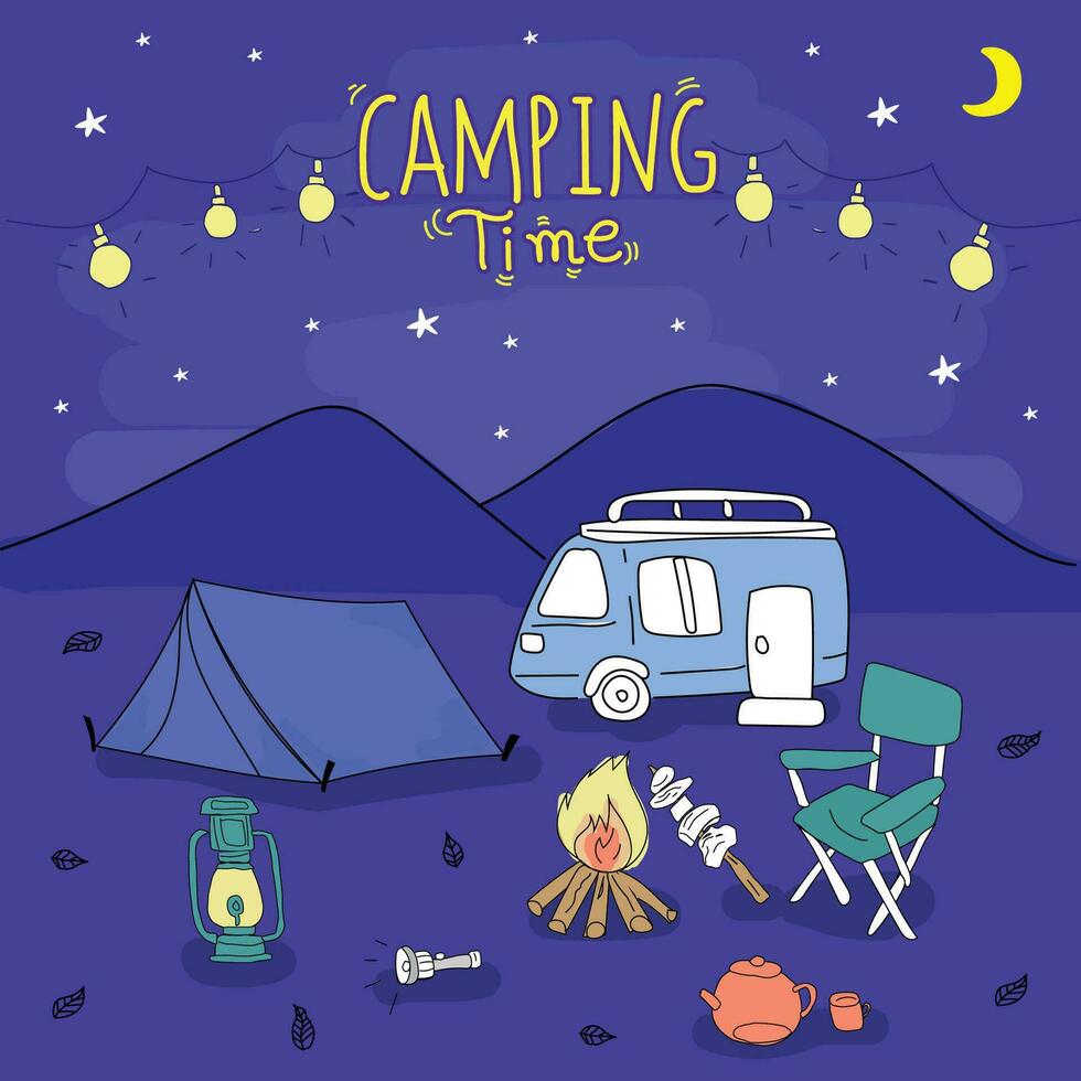 Camping hand drawn doodle vector illustration. Camping concept.