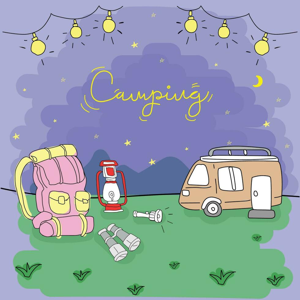 Camping hand drawn doodle vector illustration. Camping concept.