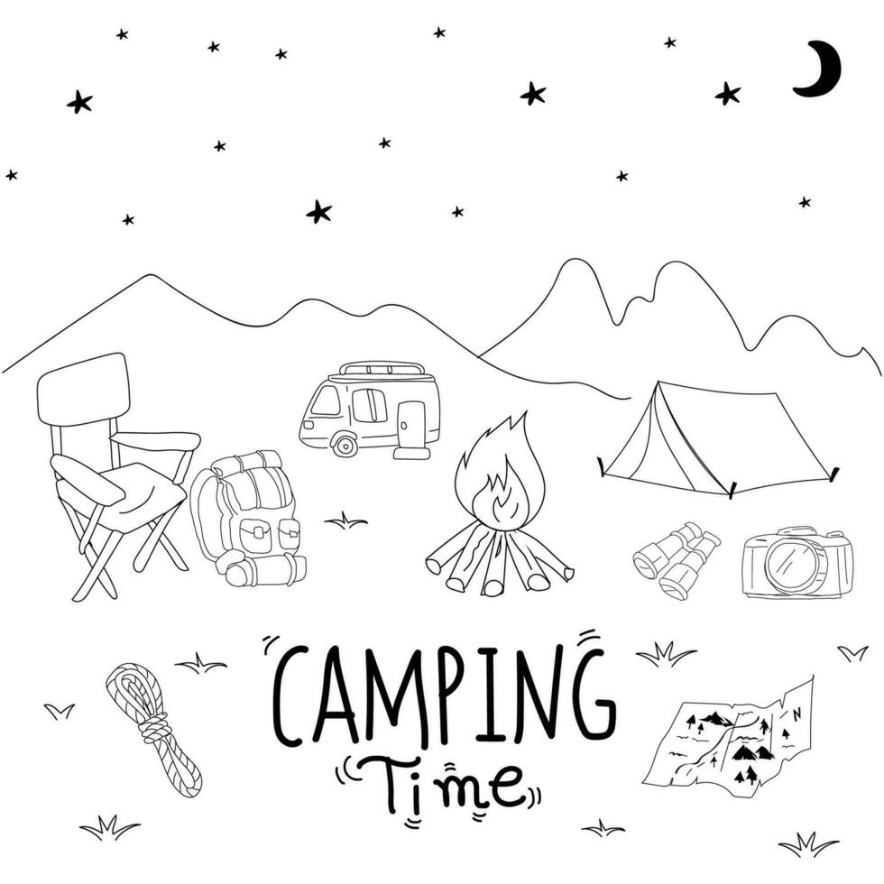 Camping hand drawn doodle vector illustration. Camping concept.