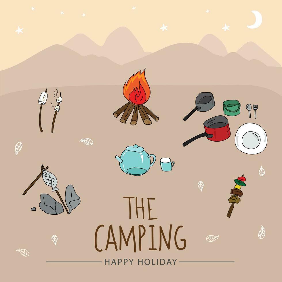 Camping hand drawn doodle vector illustration. Camping concept.