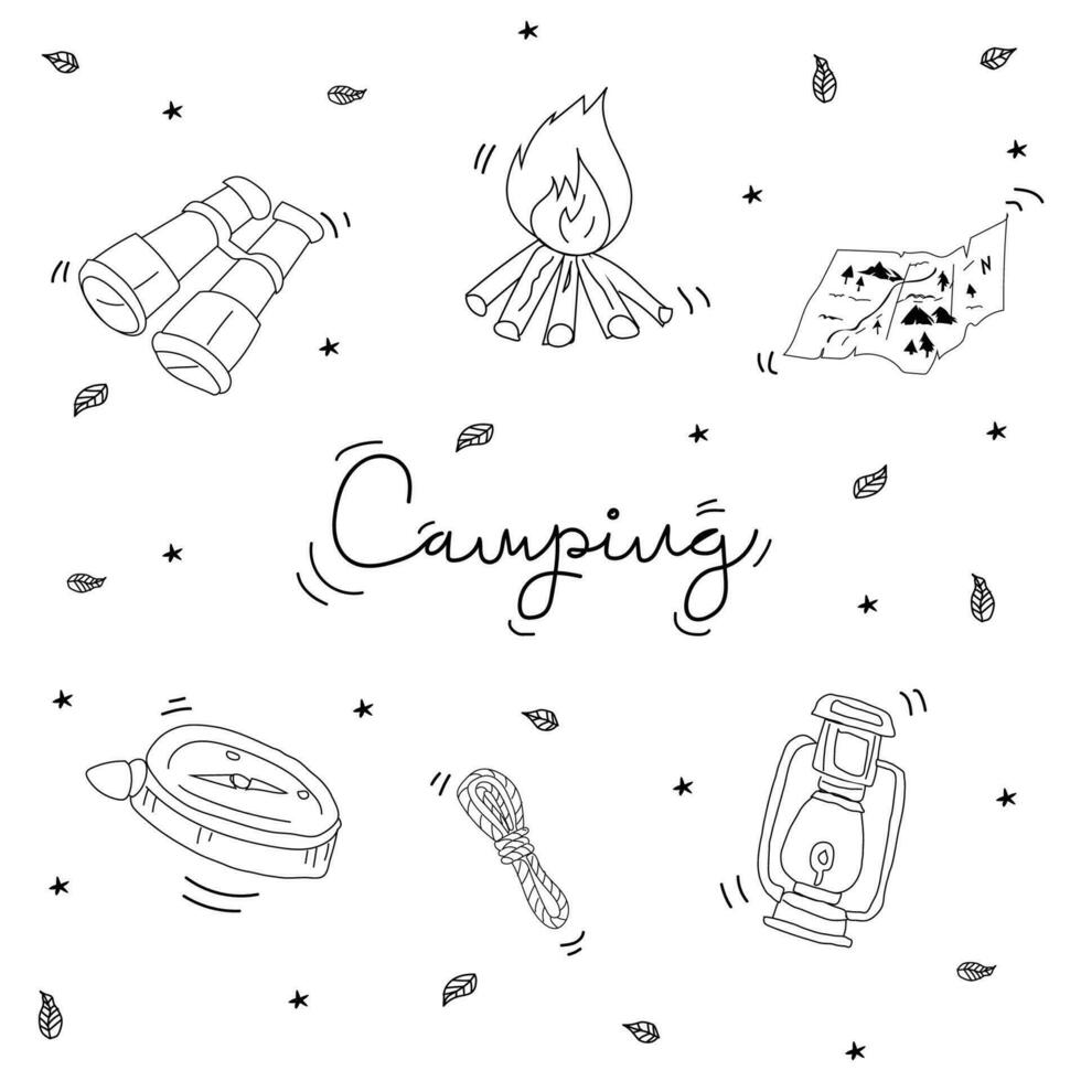 Camping hand drawn doodle vector illustration. Camping concept.