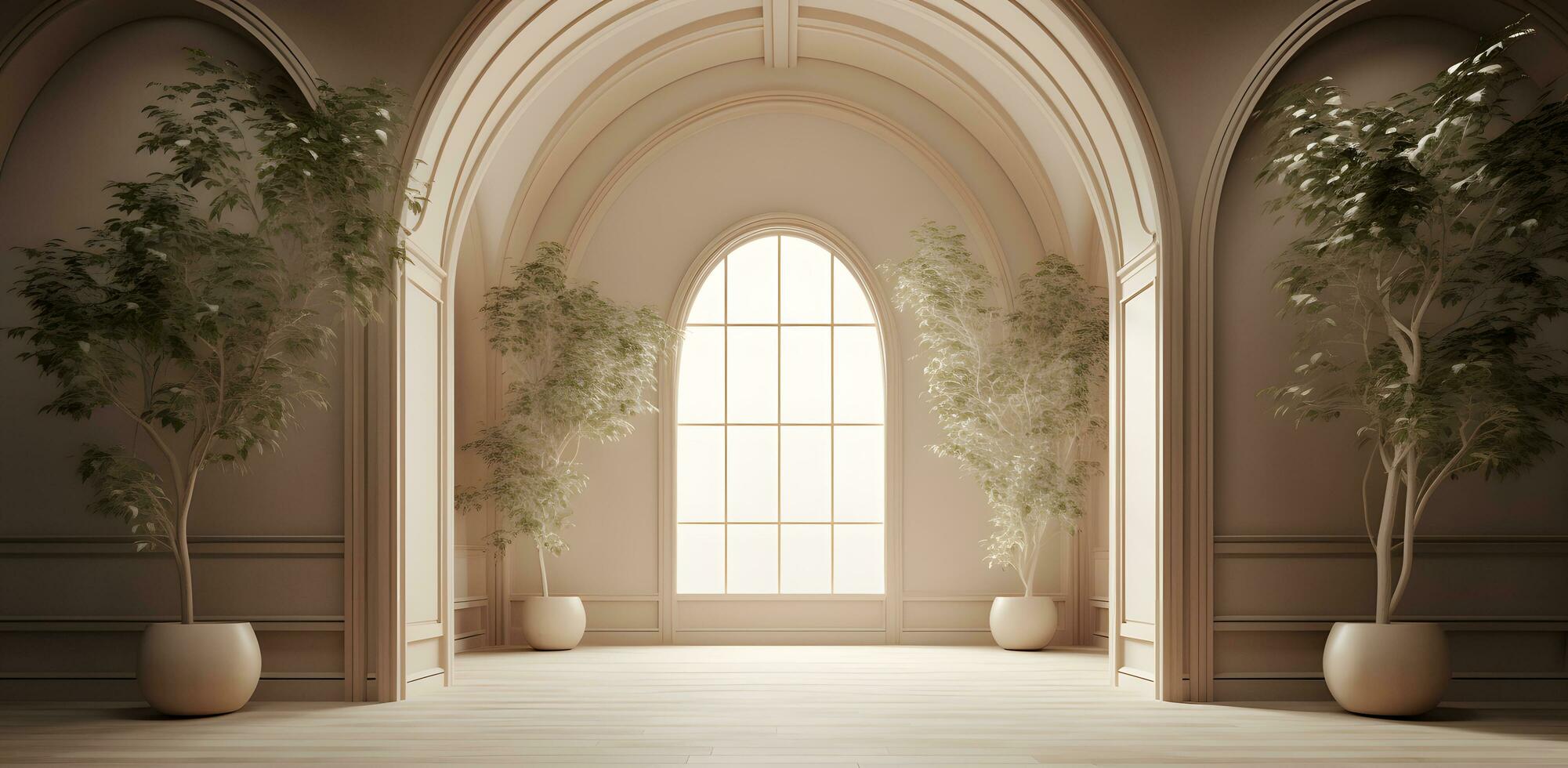 AI generated Mock up of empty room in beige color with table, vase and winter landscape in window photo