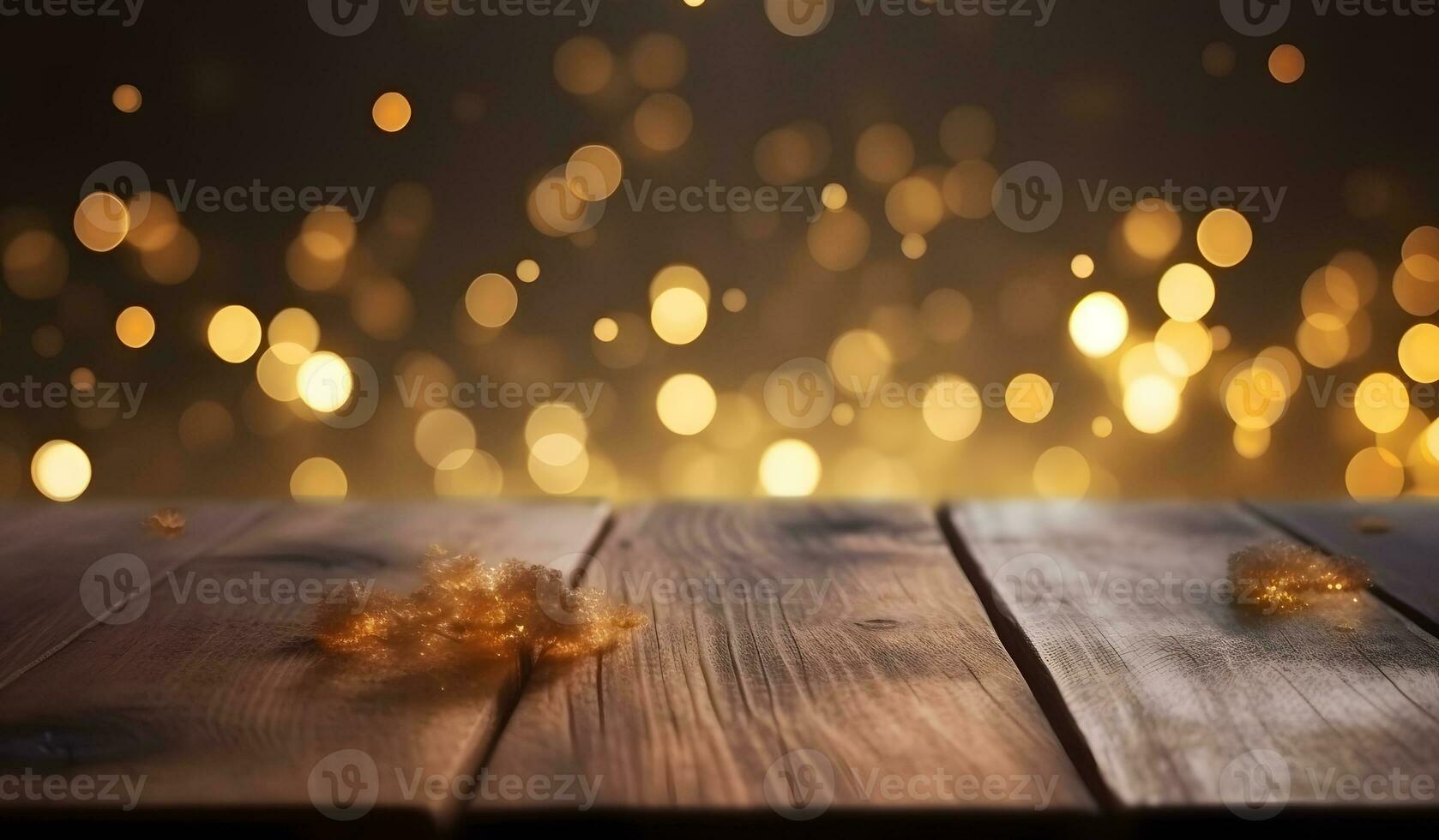 AI generated Wood table top of blurred abstract gold bokeh background with christmas lights. photo