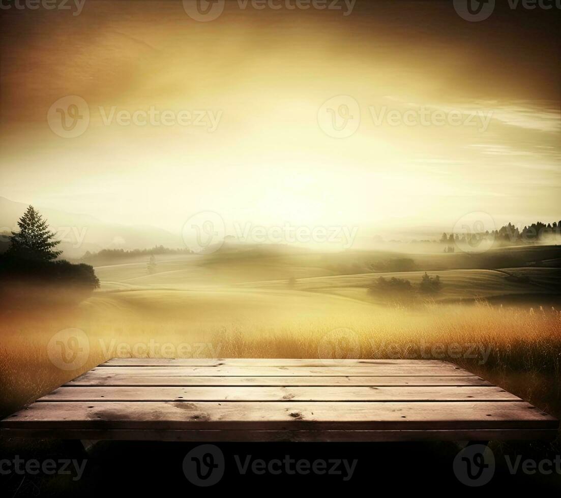 AI generated empty vintage table for product display montage with golden sunrise over misty hills photo