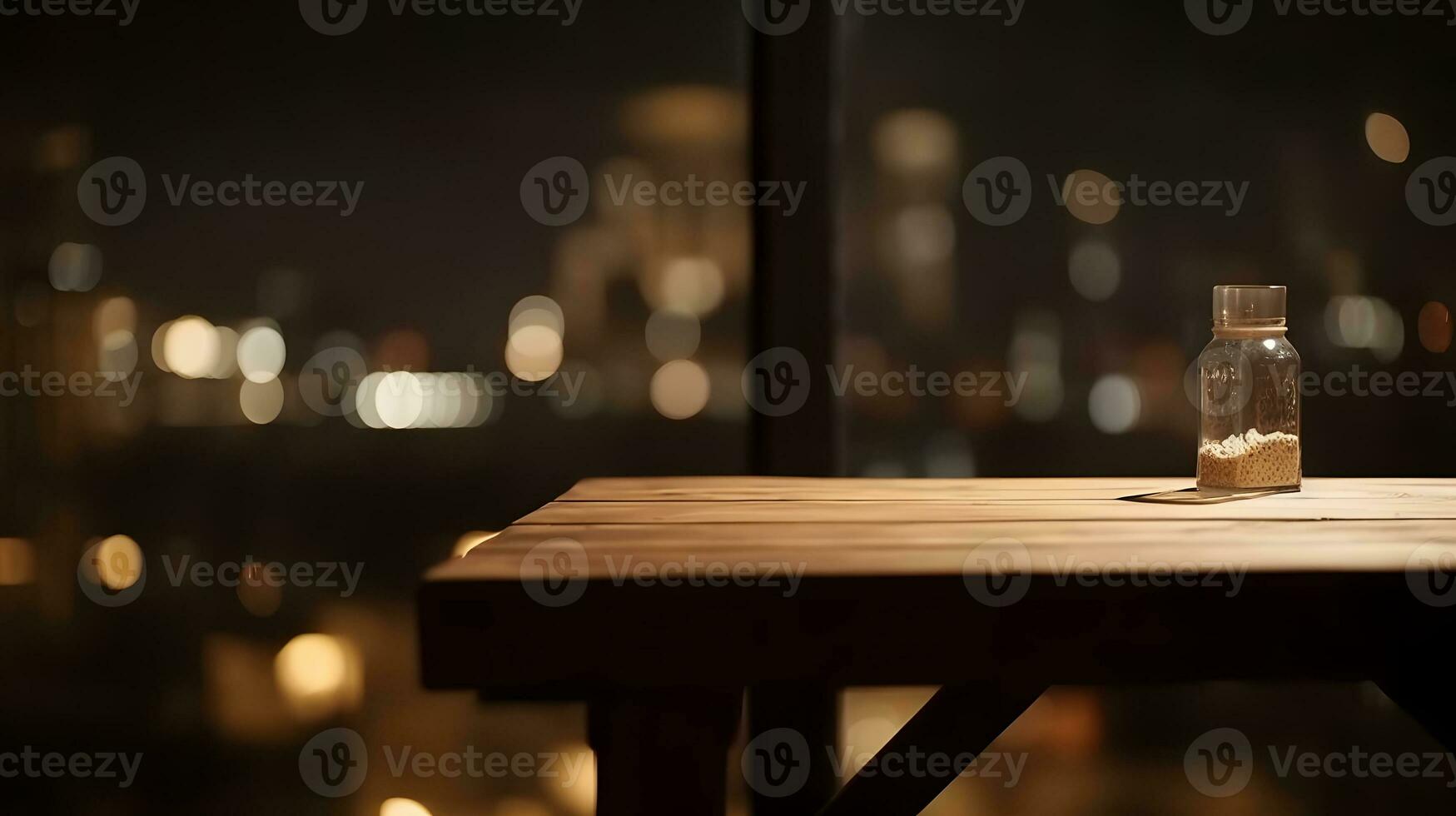 AI generated Empty dark wooden table in front of abstract blurred bokeh background of restaurant . can be used for display or montage your products.Mock up for space photo