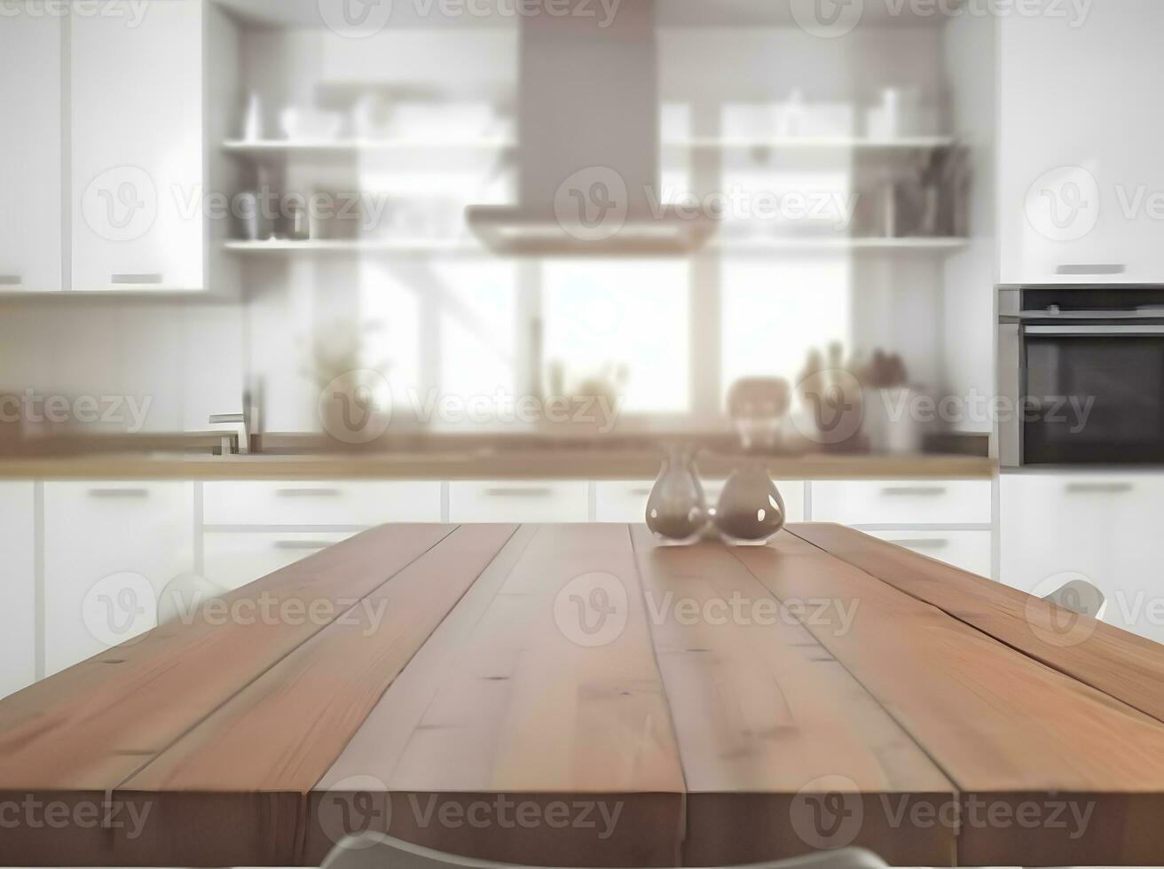 ai generado mesa parte superior y difuminar cocina habitación de el antecedentes foto