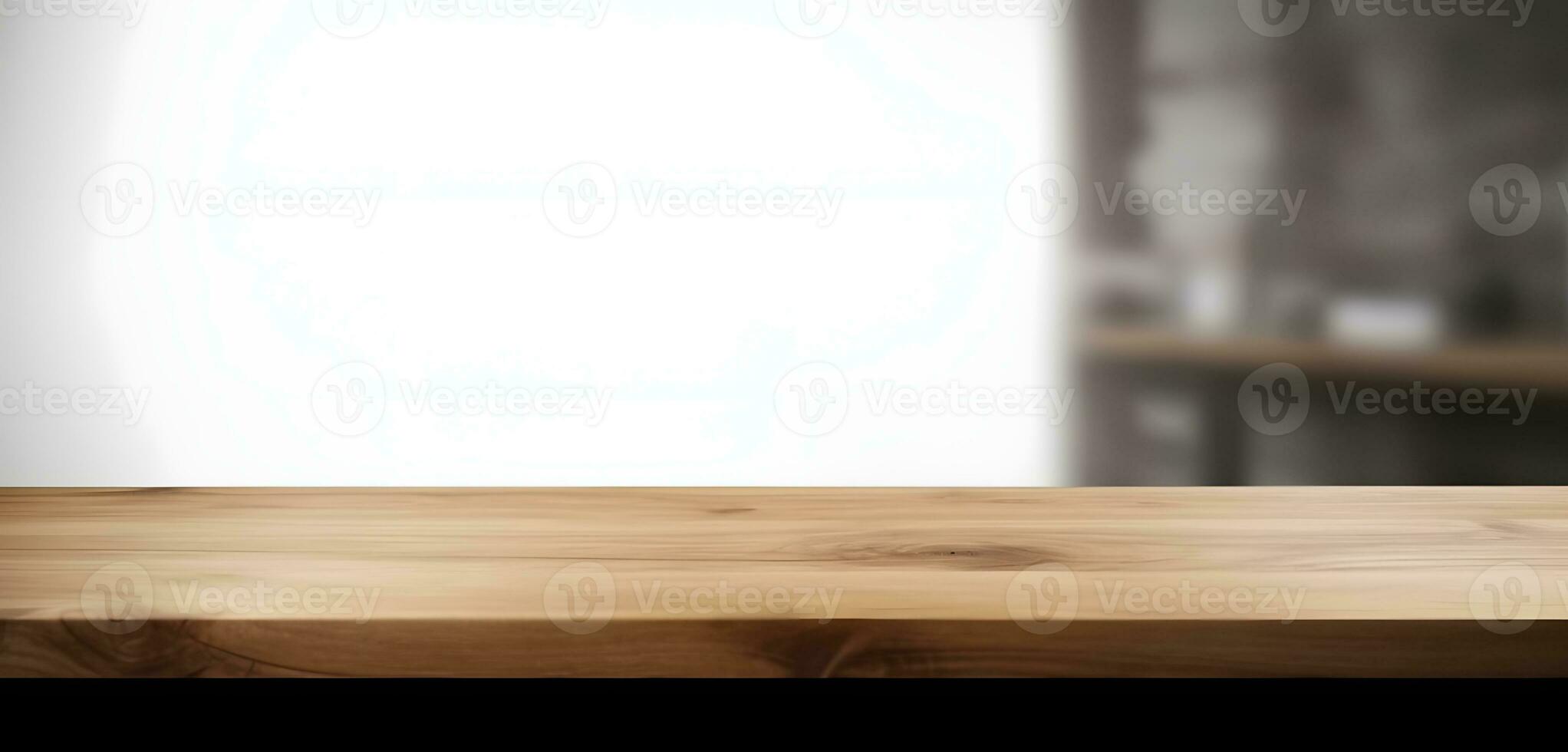 AI generated Light wood table top on blur white gray abstract background - can be used for display or montage your products photo