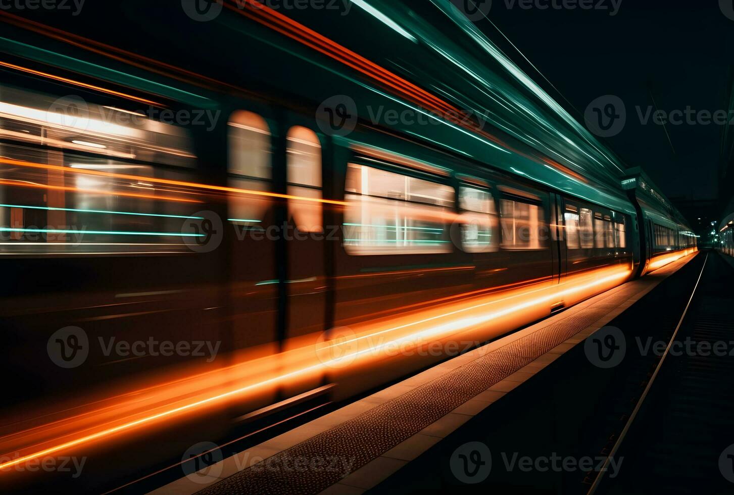 AI generated A beautiful long exposure of a train passing by at the underground station photo