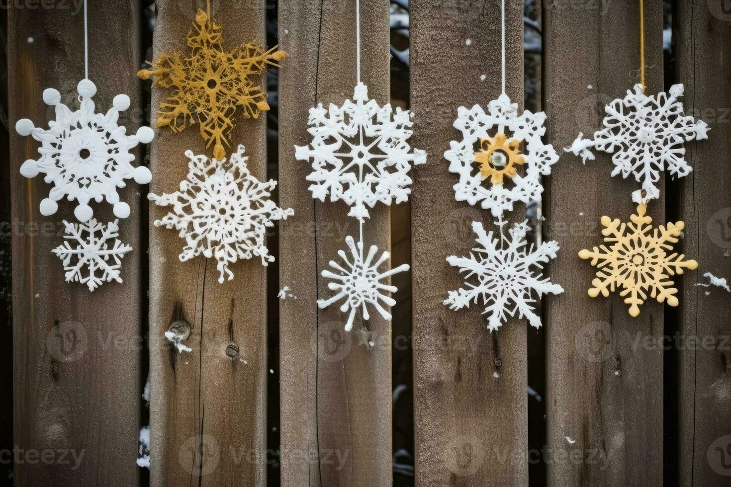 AI generated Vintage Brown Wooden Background With Snowflakes Texture photo