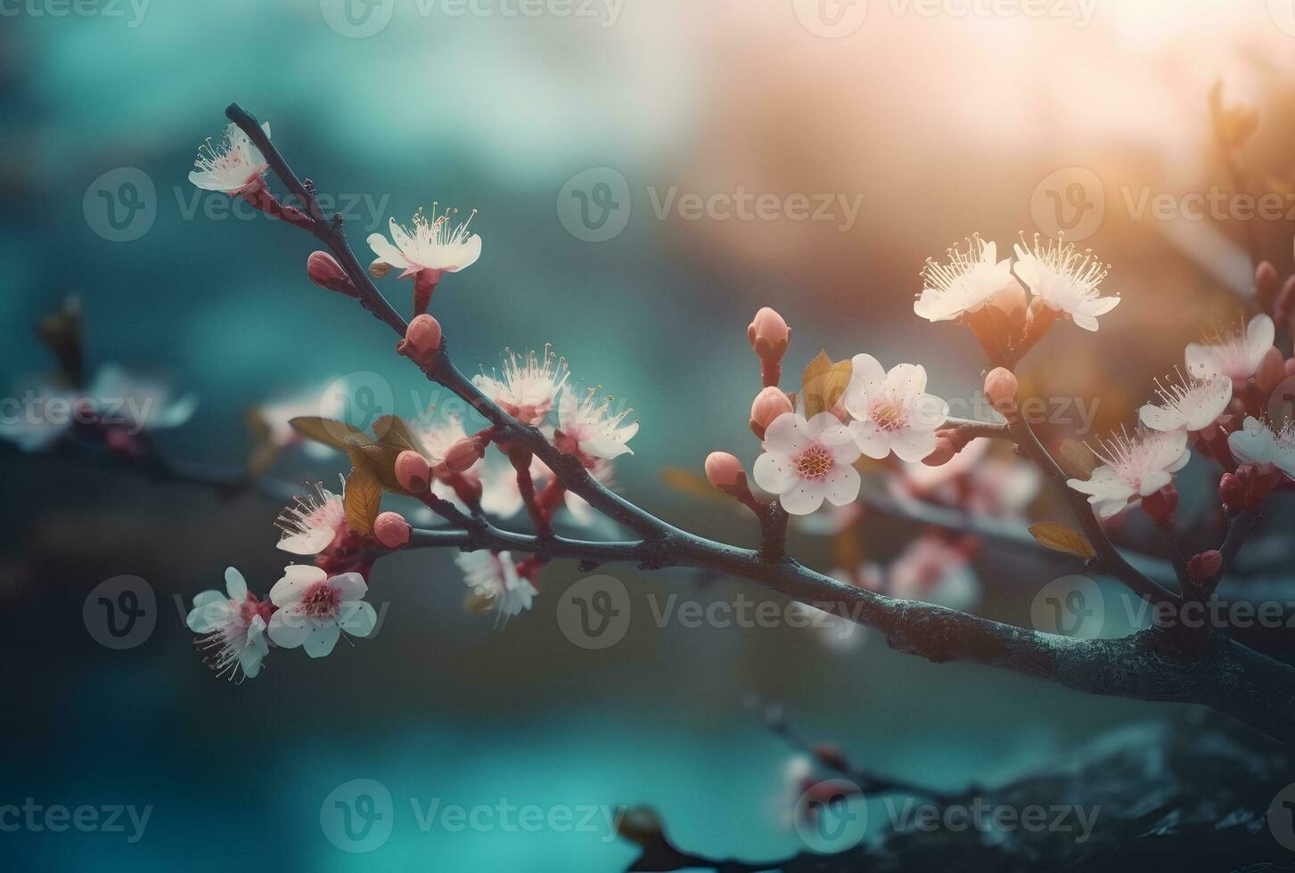 AI generated Blooming cherry and plum at sunset in the Alps are very beautiful. Pure nature pleases a person with ecological beauty and a symbol of spring. photo