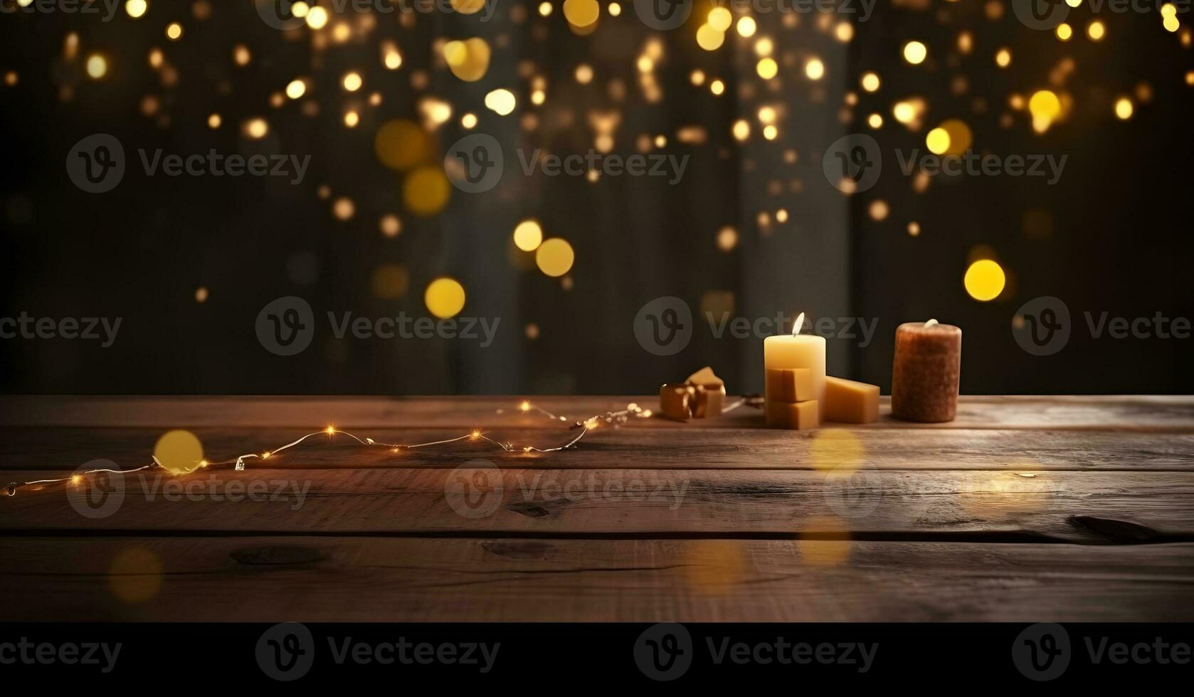 AI generated Wood table top of blurred abstract gold bokeh background with christmas lights. photo