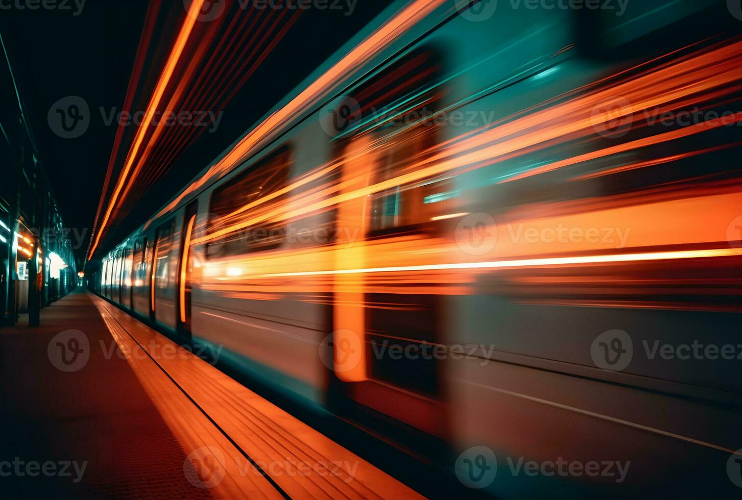 AI generated A beautiful long exposure of a train passing by at the underground station photo