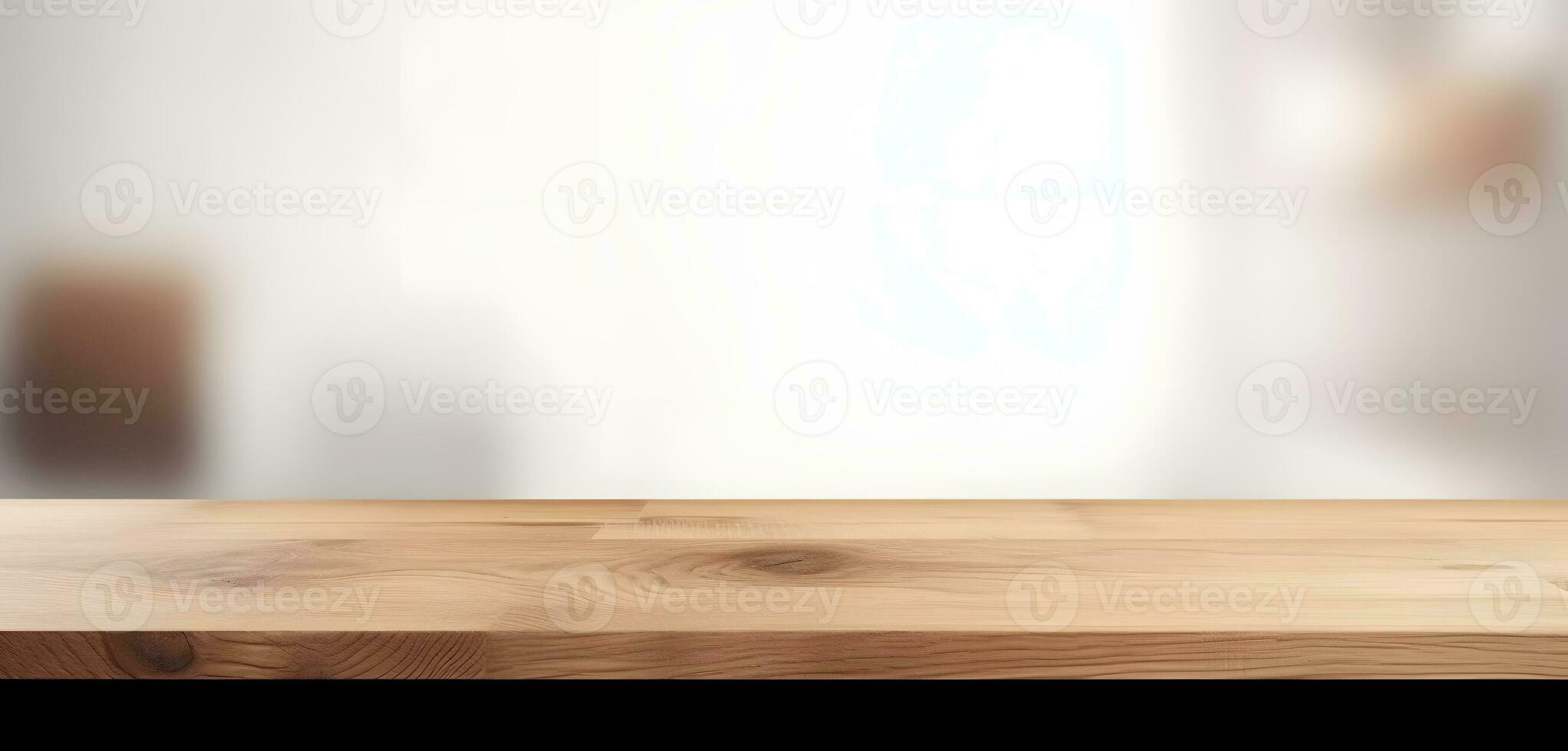 AI generated Light wood table top on blur white gray abstract background - can be used for display or montage your products photo