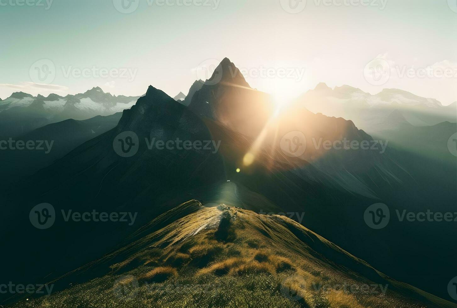 AI generated A sun shining over a mountain range under blue sky photo