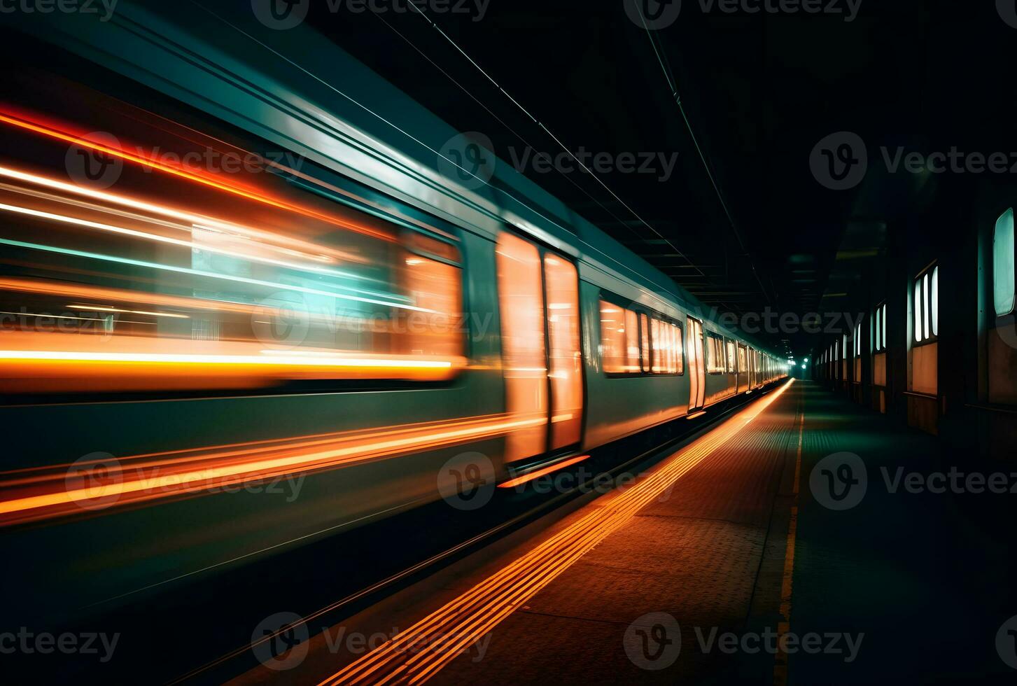 AI generated A beautiful long exposure of a train passing by at the underground station photo