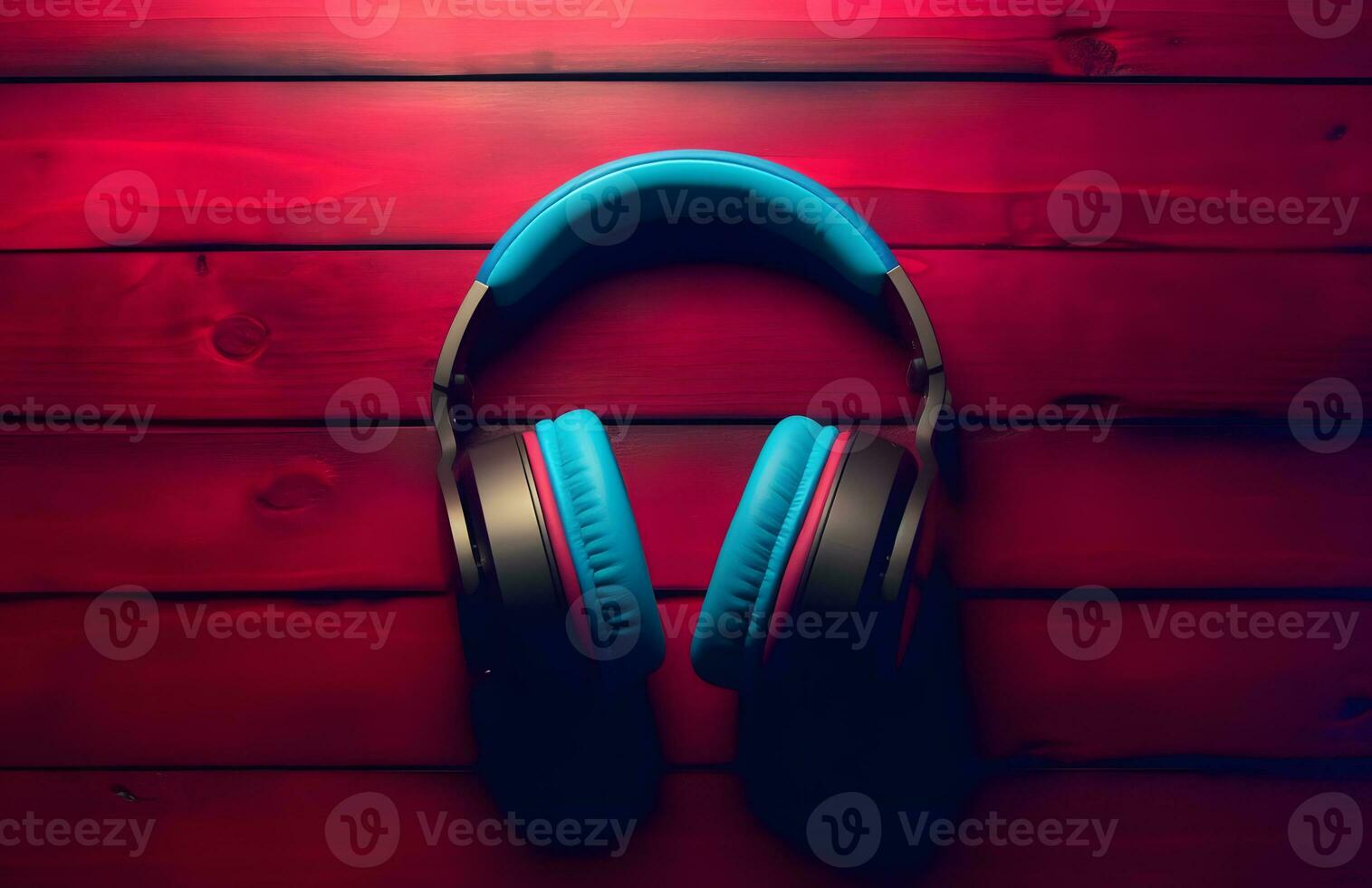 AI generated Headphones Isolated on a wooden table on a dark background photo