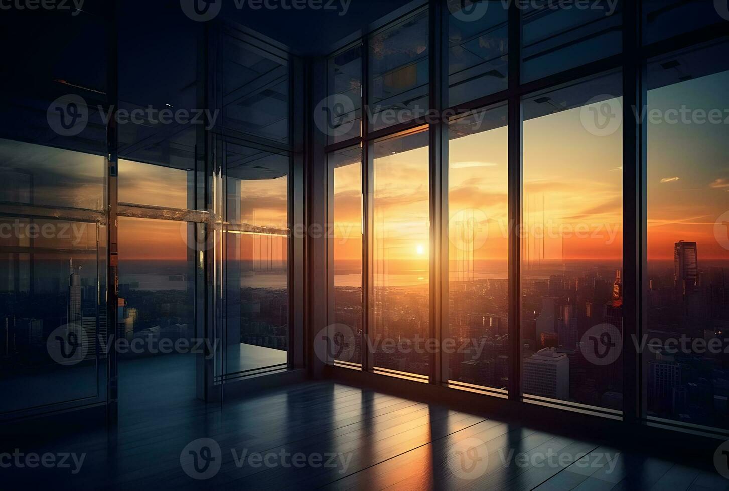 AI generated Office building glass and city skyline. Empty modern office background in city center photo