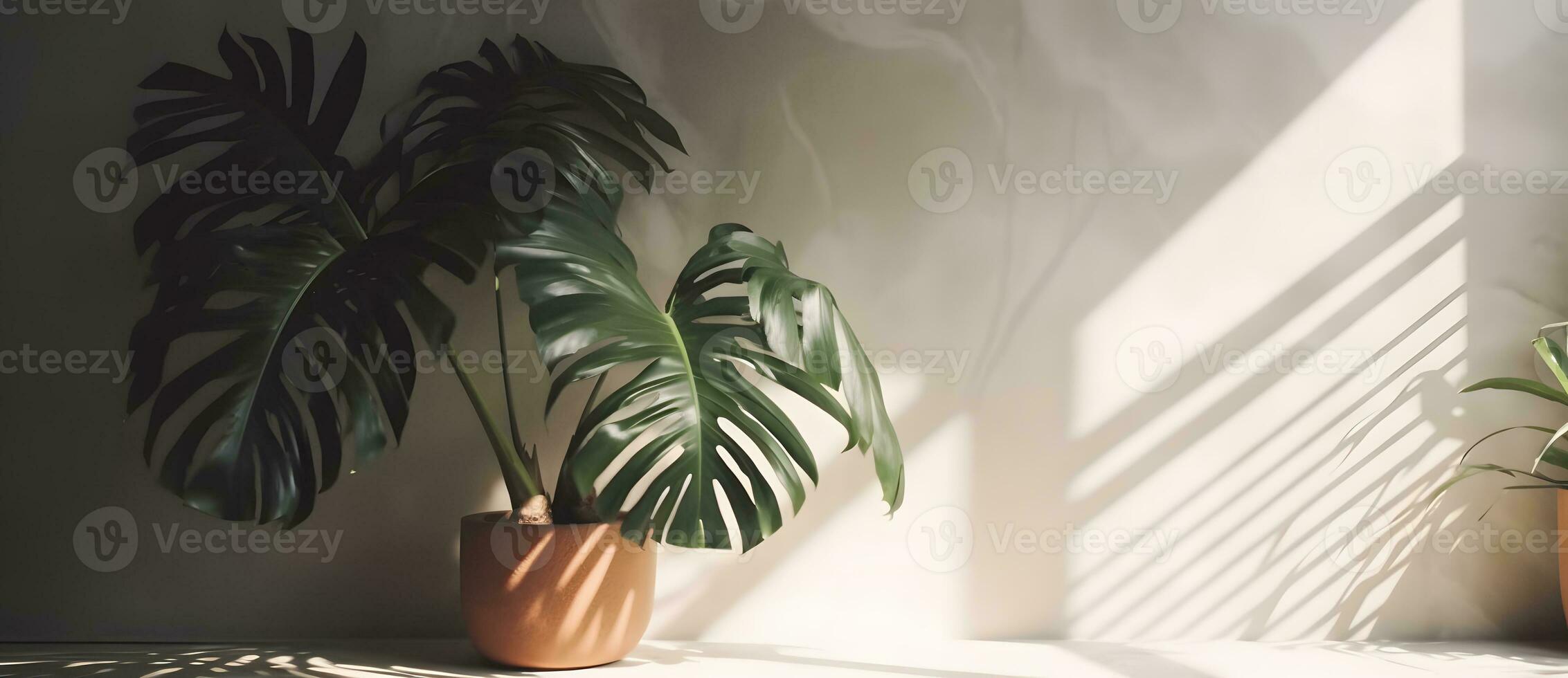 ai generado monstera hoja en beige pastel pared con ventana ligero oscuridad, 3d representación cosmético producto monitor Bosquejo foto