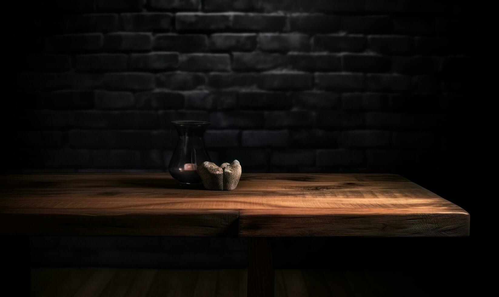 AI generated Empty wooden background with brick wall and neon lights. Brick walls, neon signs and lamps photo