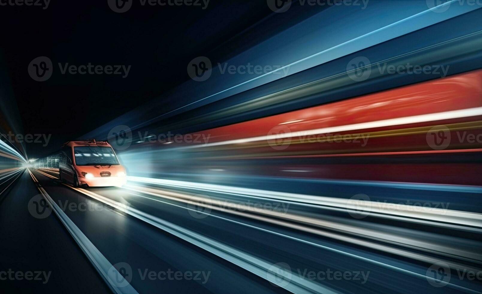 AI generated Long exposure shot of a busy street at night creating dynamic effect of the vehicle lights. photo