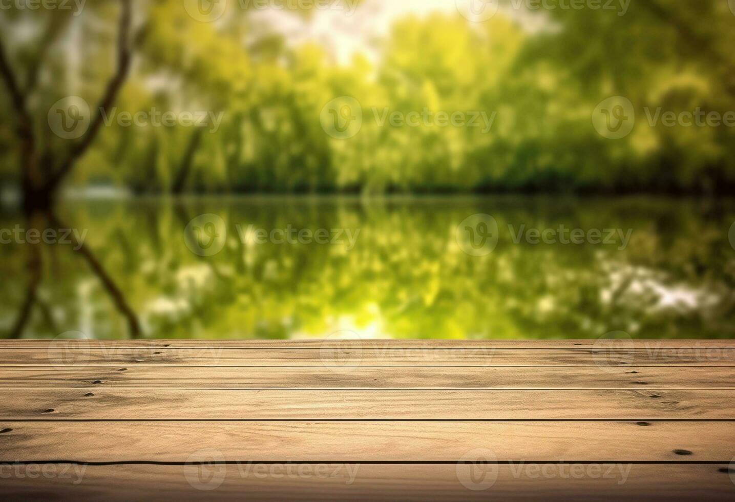 AI generated Wooden table top with natural green background of blurred lake photo